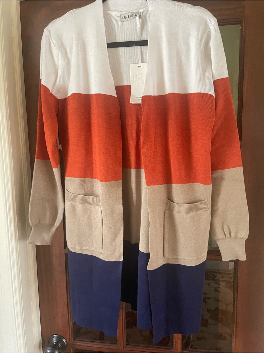 Grace Karin Colorblock Long Cardigan - White, Orange, Tan, Navy